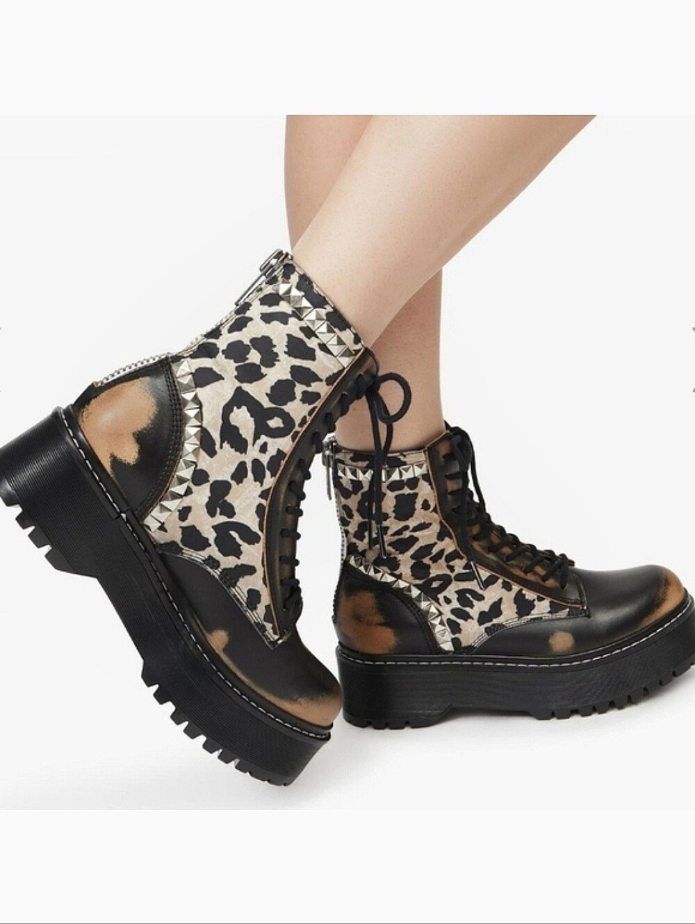 Steve Madden Avenger Combat Platform Boots US 9 Leopard Print Studded Leather
